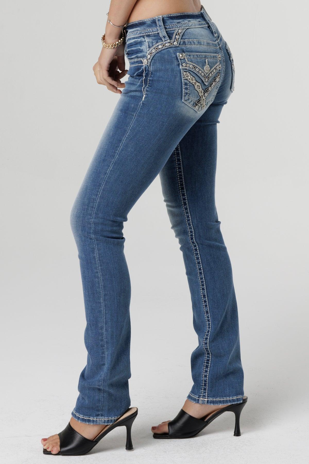 Glimmering Cross-Stitch Straight Jeans Product Image