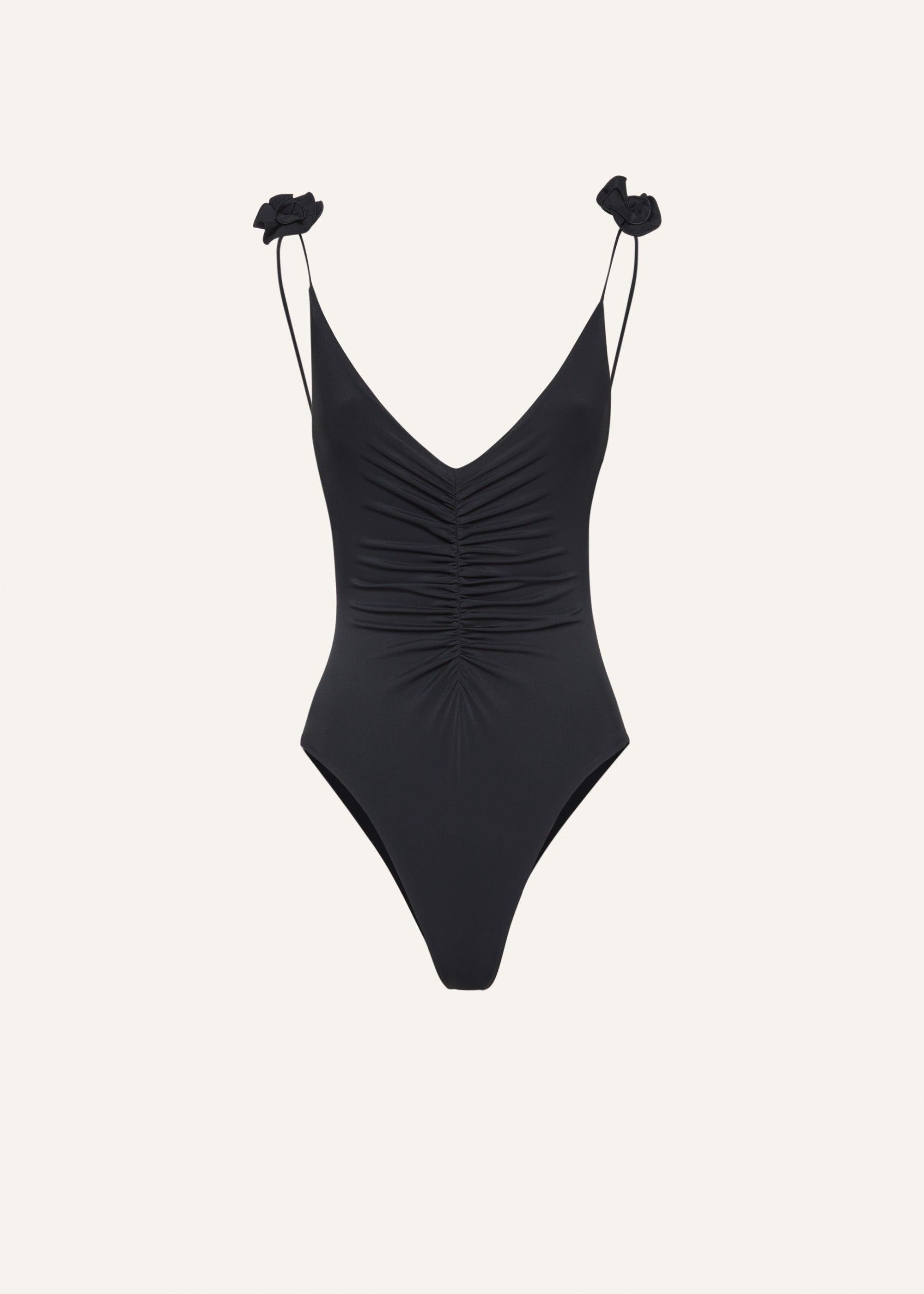 V neck swimsuit with rosettes in black Product Image