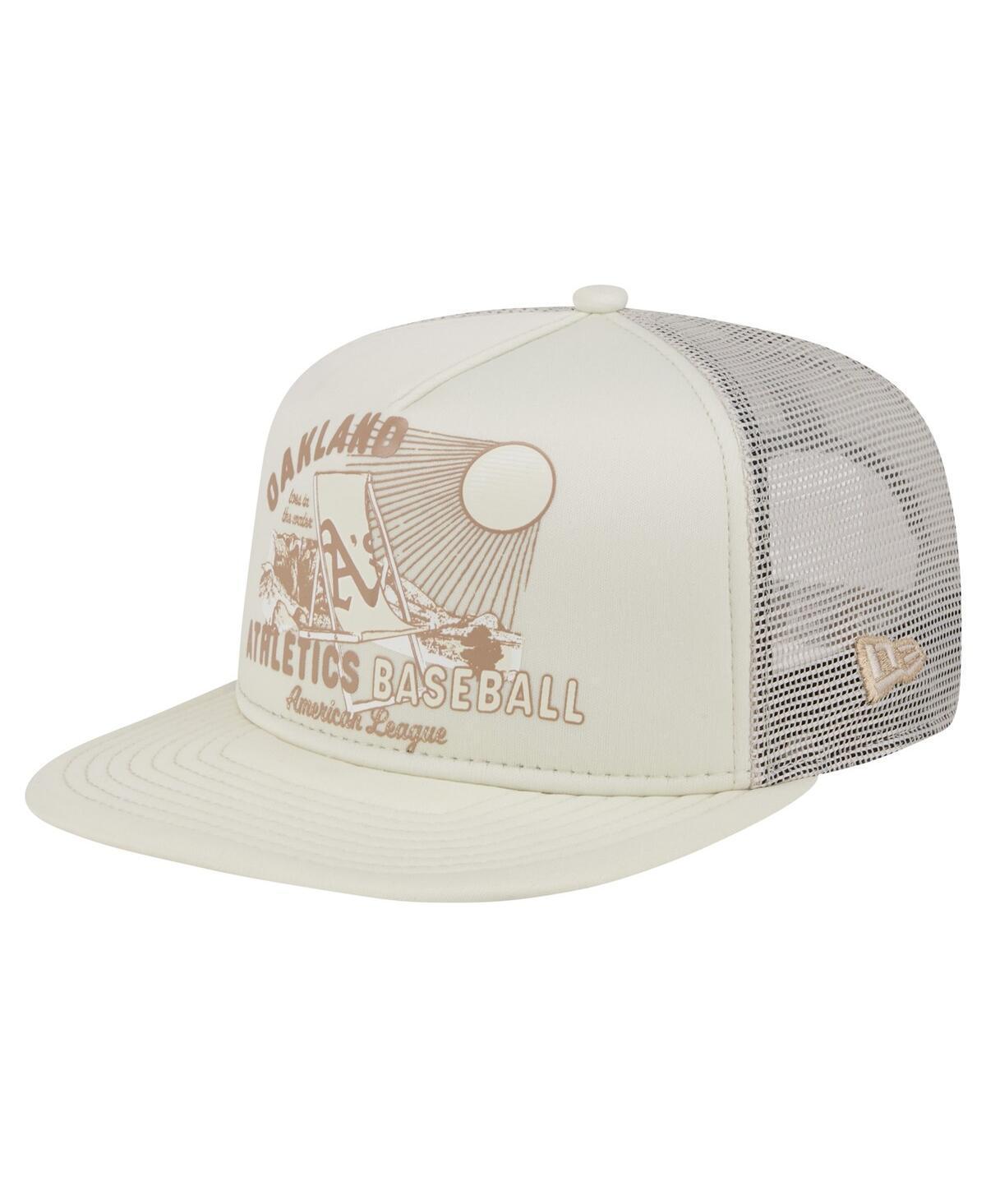 Mens New Era Khaki Oakland Athletics Almost Friday A-Frame 9FIFTY Trucker Snapback Hat Product Image