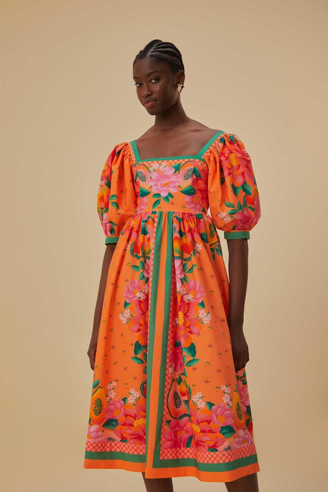 Orange Fruit Garden Scarf Midi Dress, FRUIT GARDEN SCARF ORANGE / XXS Product Image