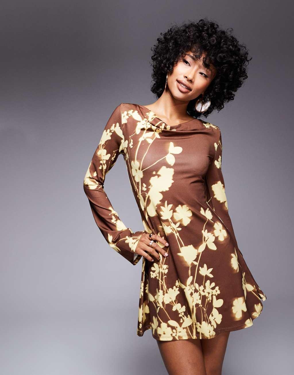 ASOS DESIGN printed floral slash cowl neck mini dress in brown Product Image