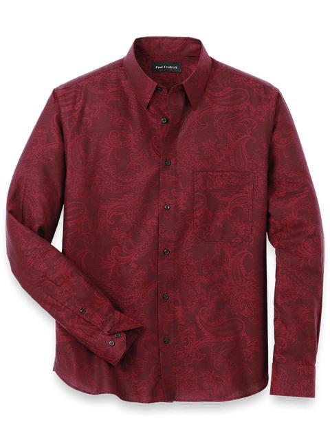 Cotton Paisley Jacquard Casual Shirt - Burgundy Product Image