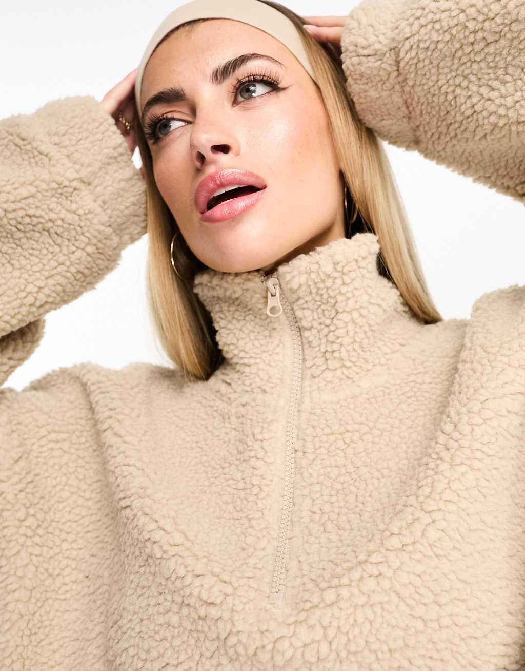 ASOS DESIGN Weekend Collective oversized borg half zip with burnout in stone Product Image