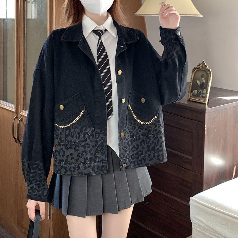 Long Sleeve Leopard Print Loose-Fit Denim Jacket Product Image