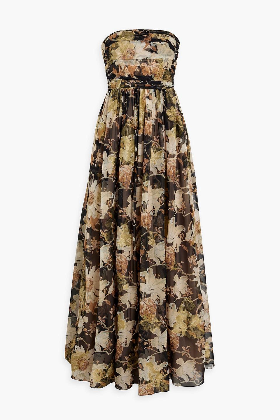 Strapless Floral-print Metallic Fil Coupé Silk-blend Gown In Black Product Image