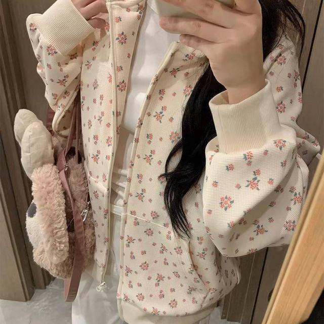 Floral Print Zip-Up Hoodie Product Image