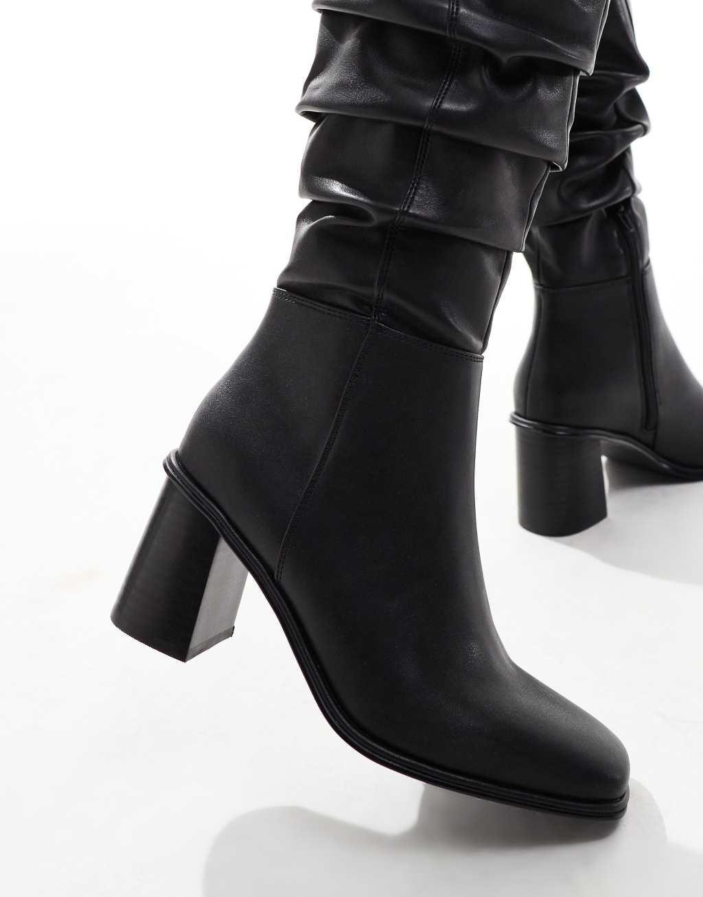 schuh Daria ruched block heeled knee boots in black Product Image