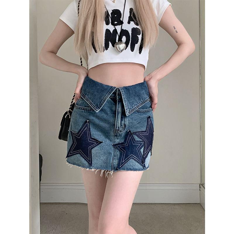 High Waist Washed Denim Star Mini Pencil Skirt Product Image