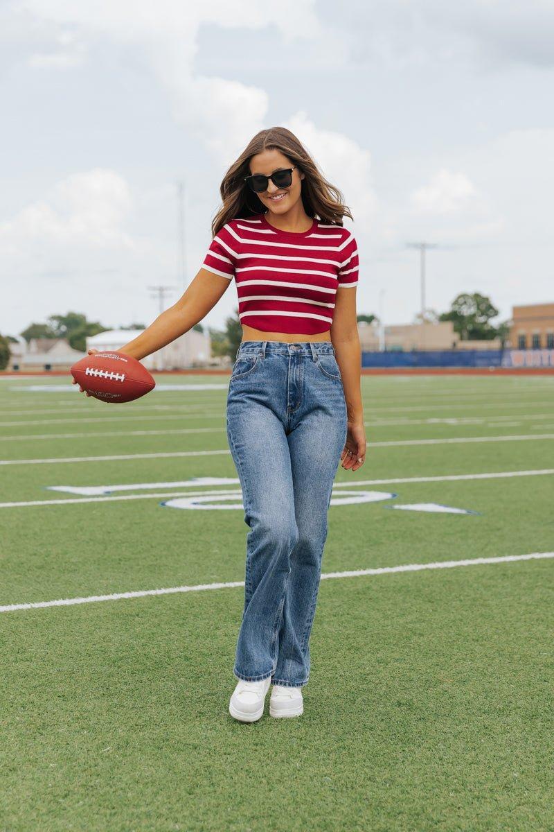 Burgundy and White Striped Cropped Sweater - FINAL SALE Product Image