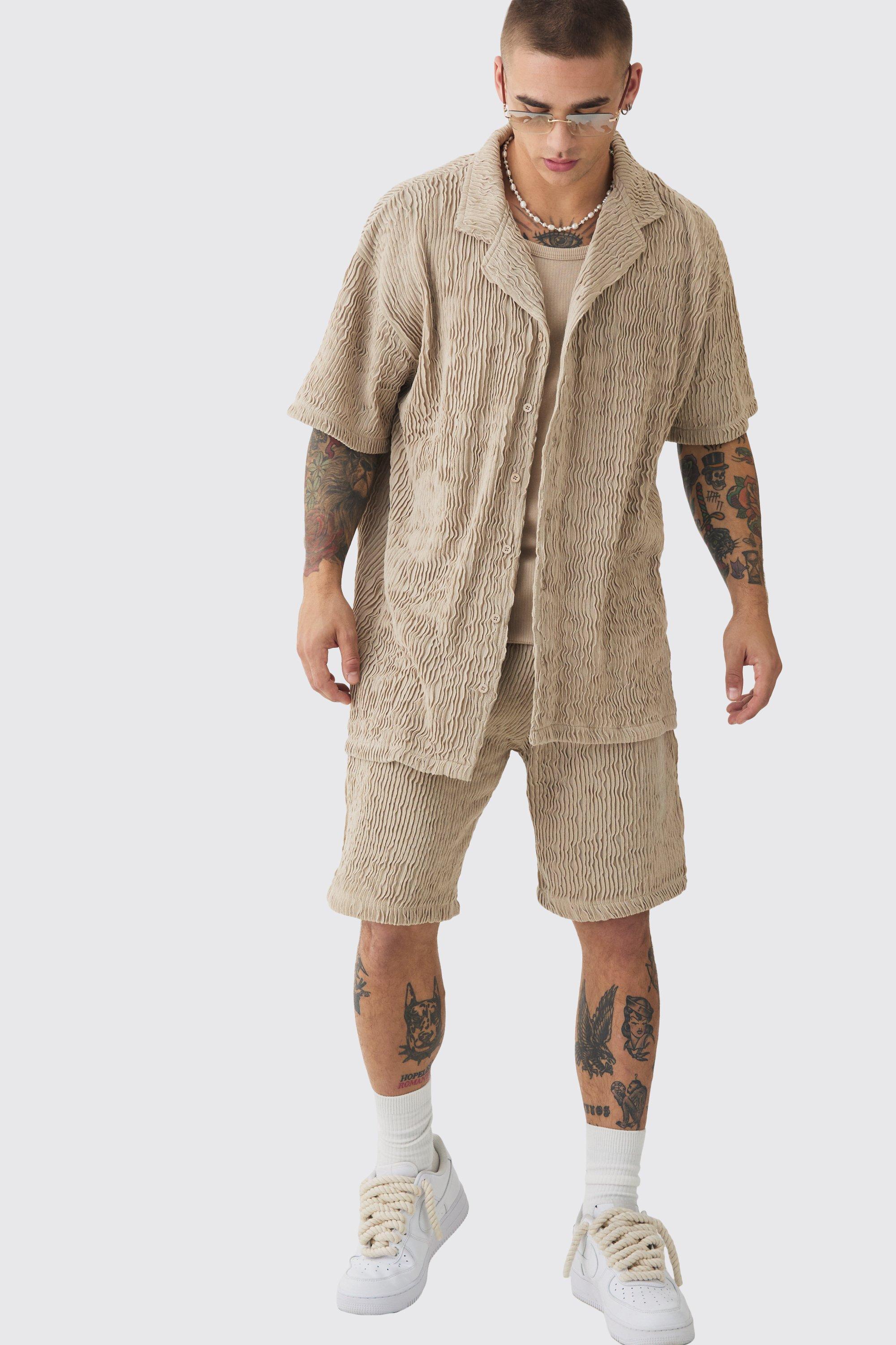 Oversized Ripple Pleated Shirt And Short Set | boohooMAN USA product image