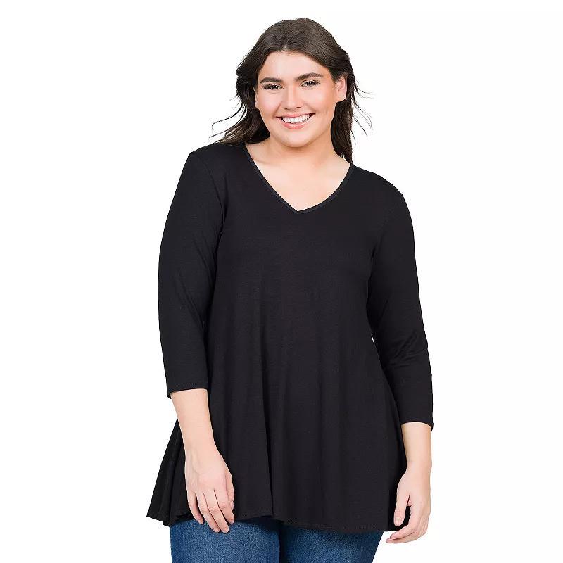 Plus Size 24Seven Comfort Apparel Quarter Sleeve V-Neck Tunic Top, Womens Product Image