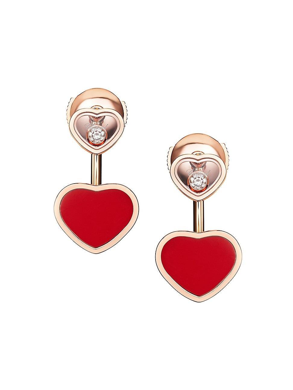 Womens Happy Hearts 18K Rose Gold, Diamond & Red Stone Earrings Product Image