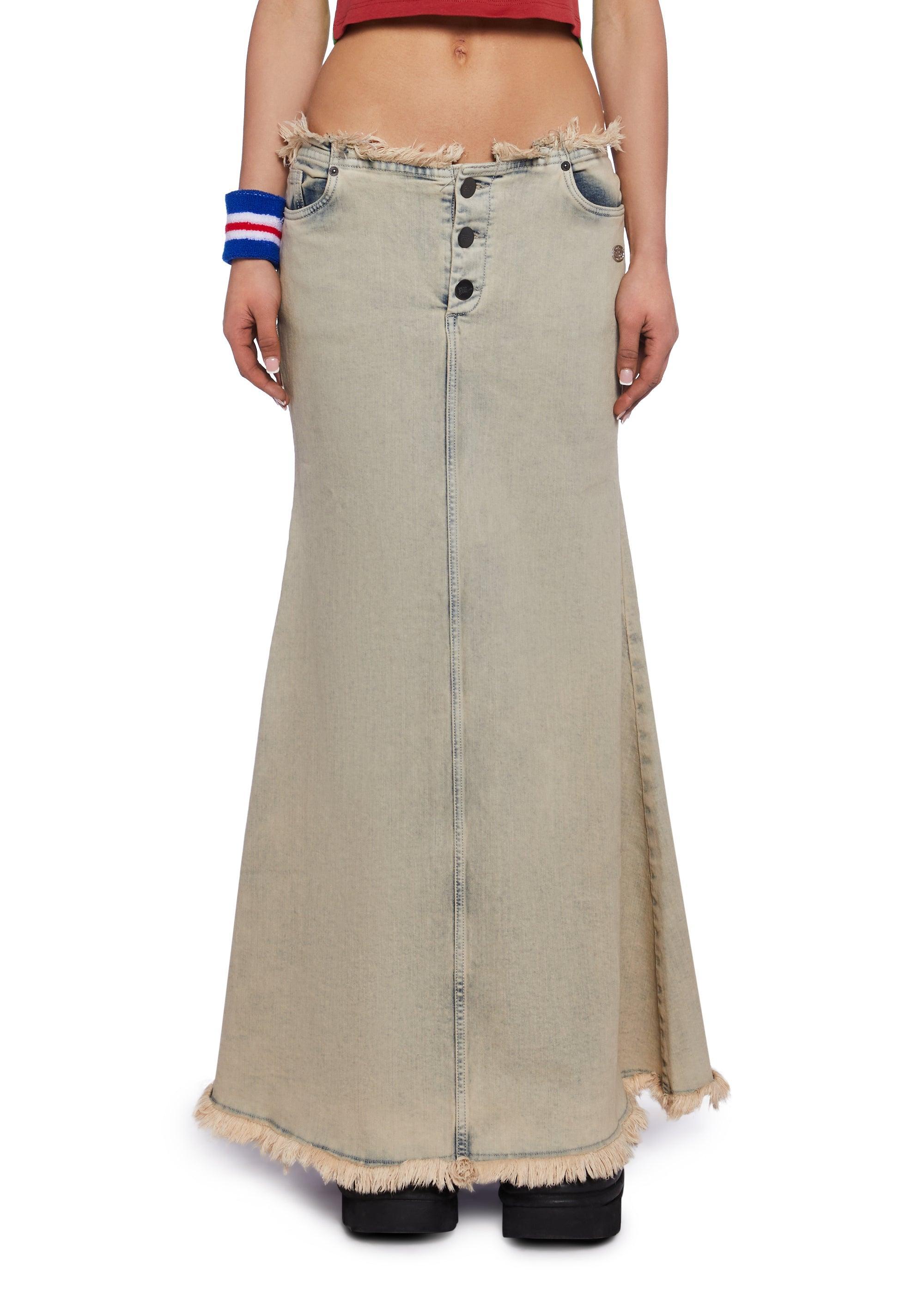 Basic Pleasure Mode Washed Frayed Denim Maxi Skirt - Light Blue product image