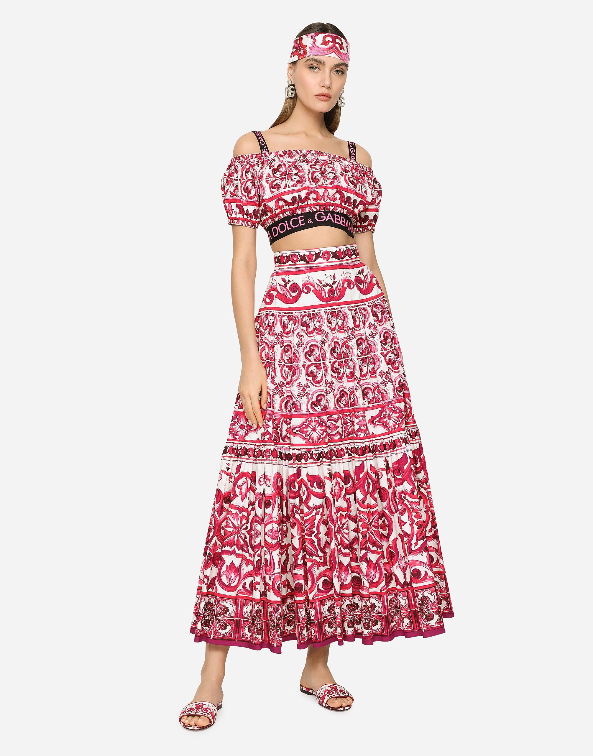 DOLCE & GABBANA Maiolica-print Maxi Skirt In White,fuchsia Product Image