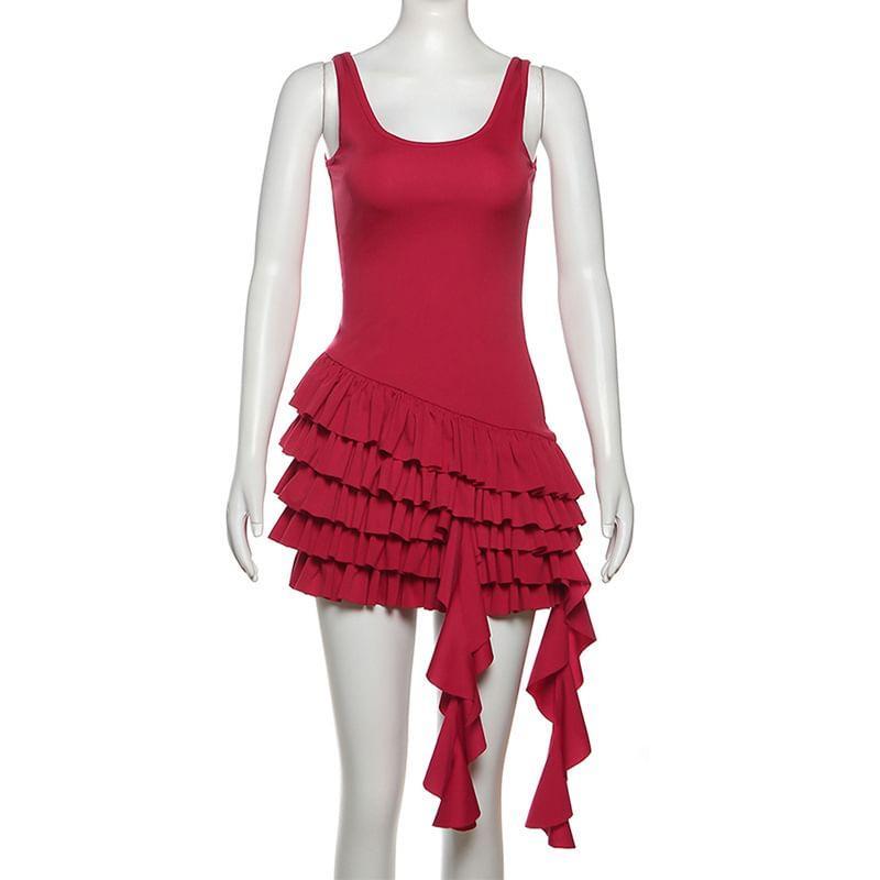 Sleeveless Crew Neck Plain Ruffle Tiered Mini A-Line Dress Product Image