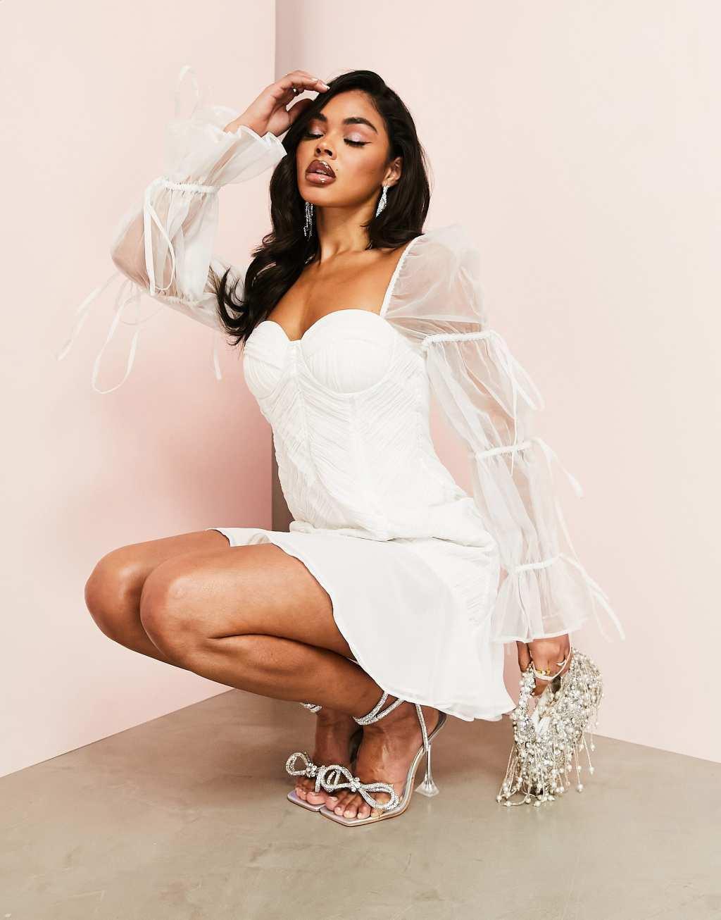 ASOS LUXE ruched mini dress with organza blouson sleeves and tie detail in white Product Image