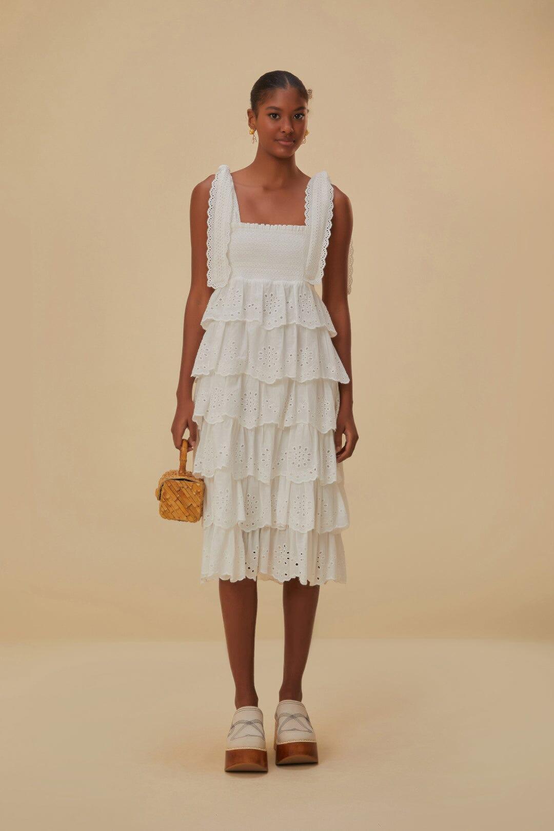 Off-White Embroidered Ruffle Midi Dress, OFF-WHITE / XS Product Image