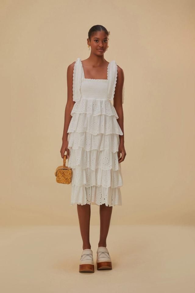 Off-White Embroidered Ruffle Midi Dress, OFF-WHITE / XS Product Image