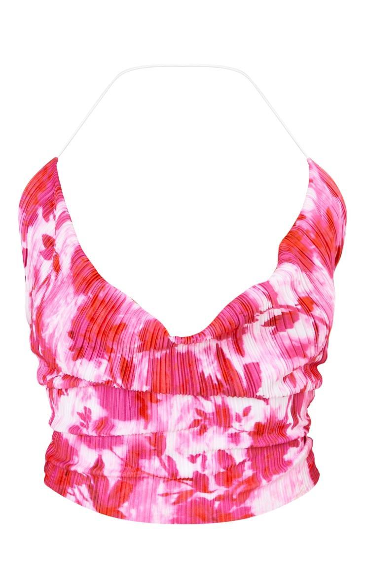 Pink Printed Plisse Cowl Spaghetti Strap Long Top Product Image