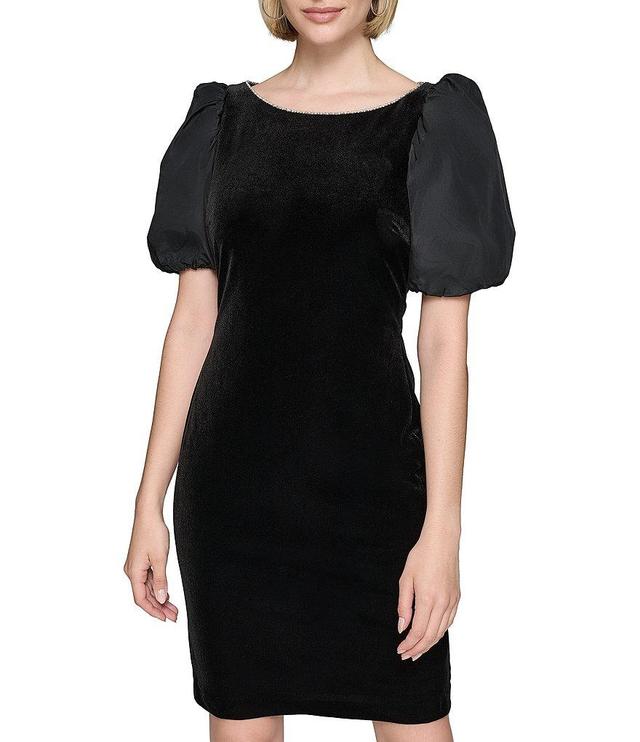 KARL LAGERFELD PARIS Velvet Embellished Boat Neck Taffeta Short Puff Sleeve Mini Dress Product Image