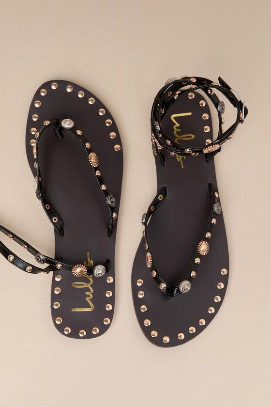 Brydone Black Studded Ankle Strap Flat Thong Sandals Product Image