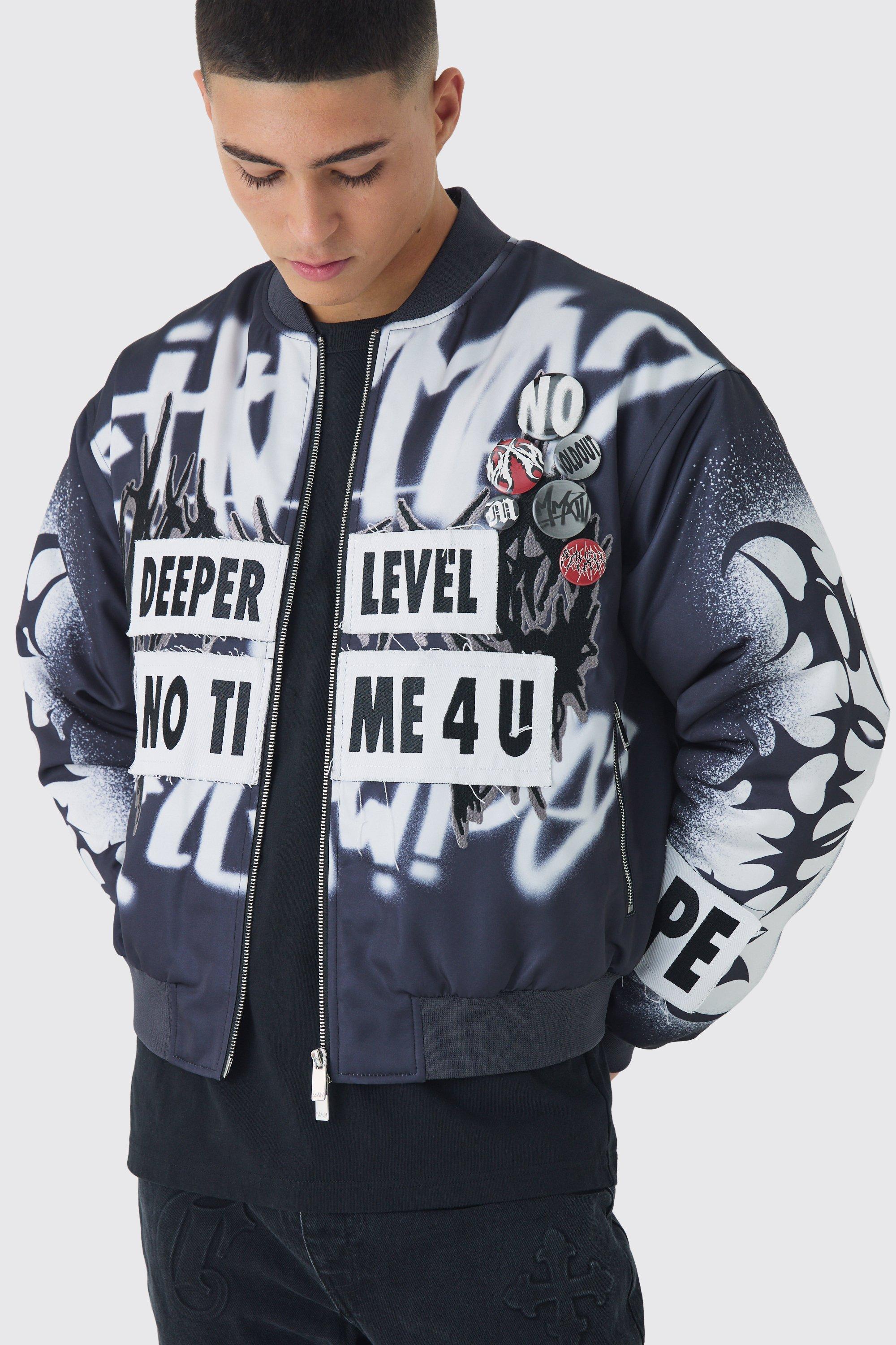 Boxy Graffiti Print Bomber Jacket In Black | boohooMAN USA Product Image