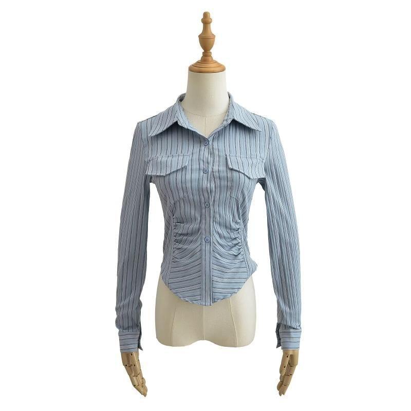 Long-Sleeve Collared Striped Ruched Shirt Product Image