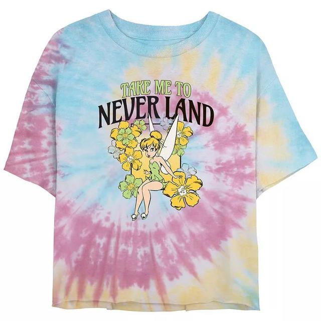 Disneys Tinker Bell Take Me To Never Land Flowers Juniors Cropped Tie Dye Graphic Tee, Womens Product Image