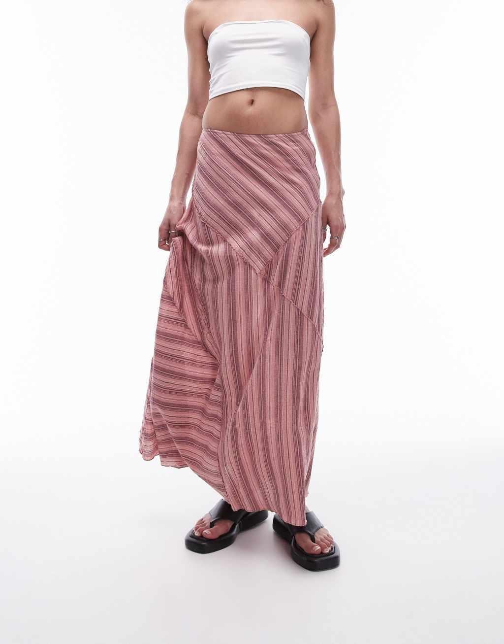 Topshop laundered cutabout midi skirt in multi pink stripe Product Image