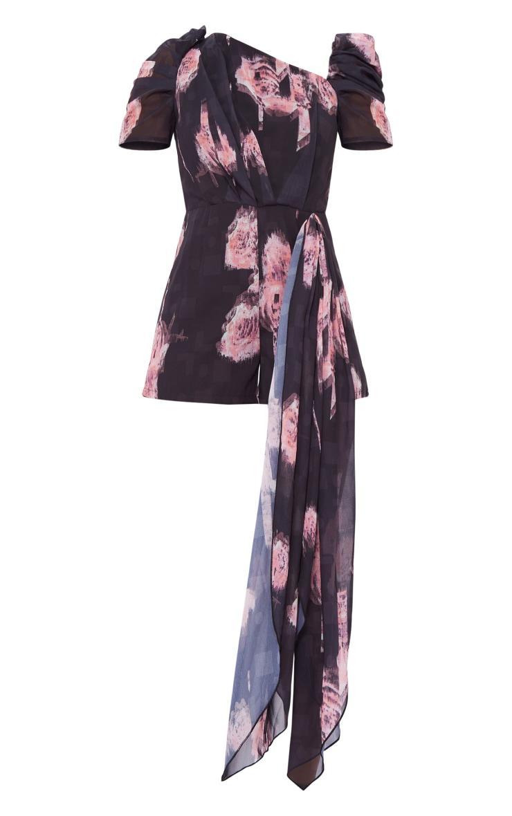 Multi Print Asymmetric Neck Drape Detail Romper Product Image