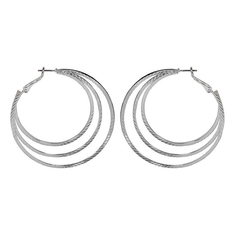 Emberly Silver Tone Textured 3-Row Hoop Earrings, Womens, None Product Image