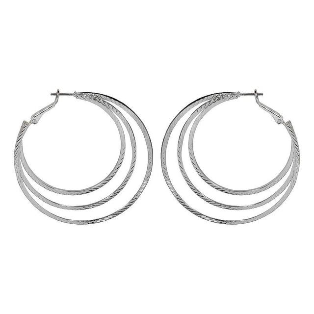 Emberly Silver Tone Textured 3-Row Hoop Earrings, Womens Product Image