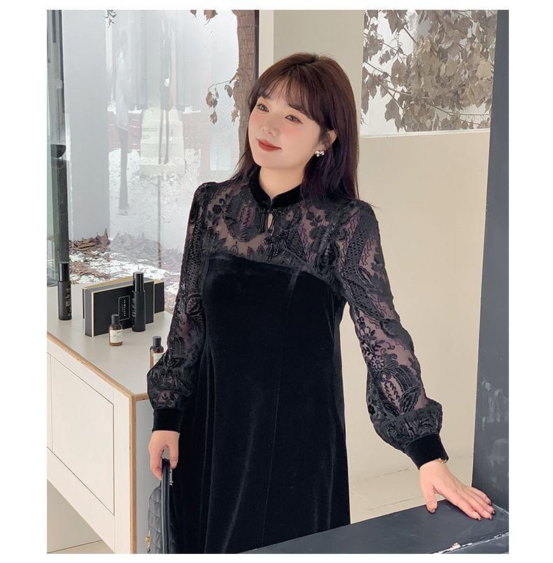 Plus Size Long-Sleeve Mandarin Collar Print Panel Velvet Midi A-Line Dress Product Image