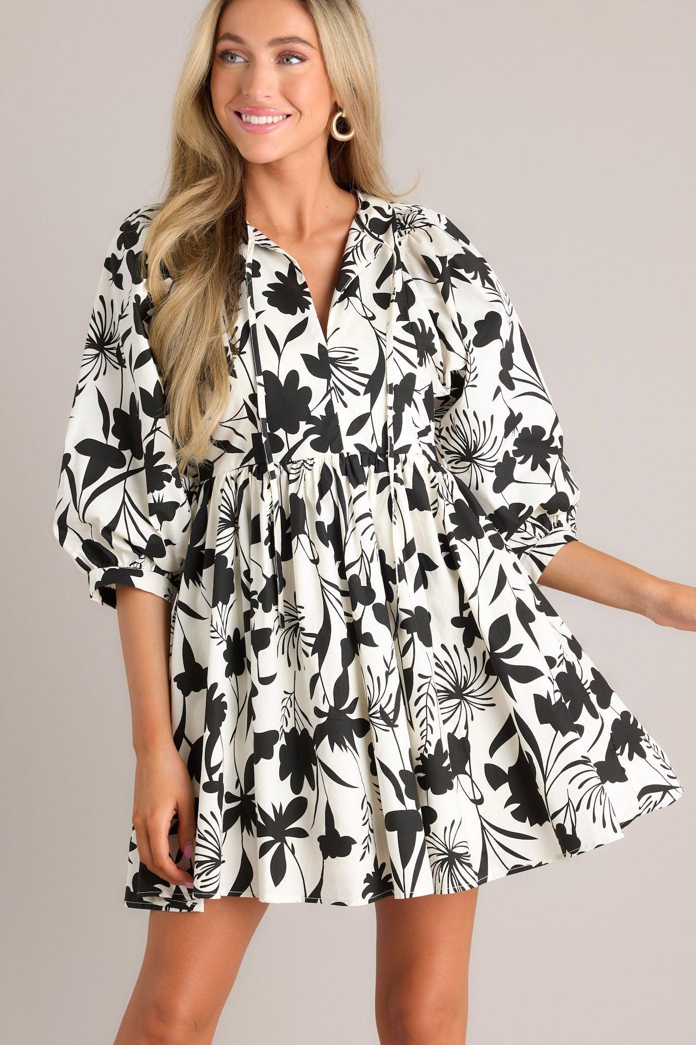 Chasing Sunsets 100% Cotton Black & White Floral Mini Dress Product Image