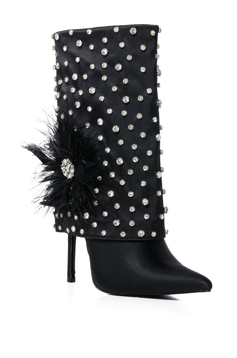 AZALEA WANG BLAISE BLACK DIAMOND STUDDED BOOT WITH FLOWER DETAIL Product Image