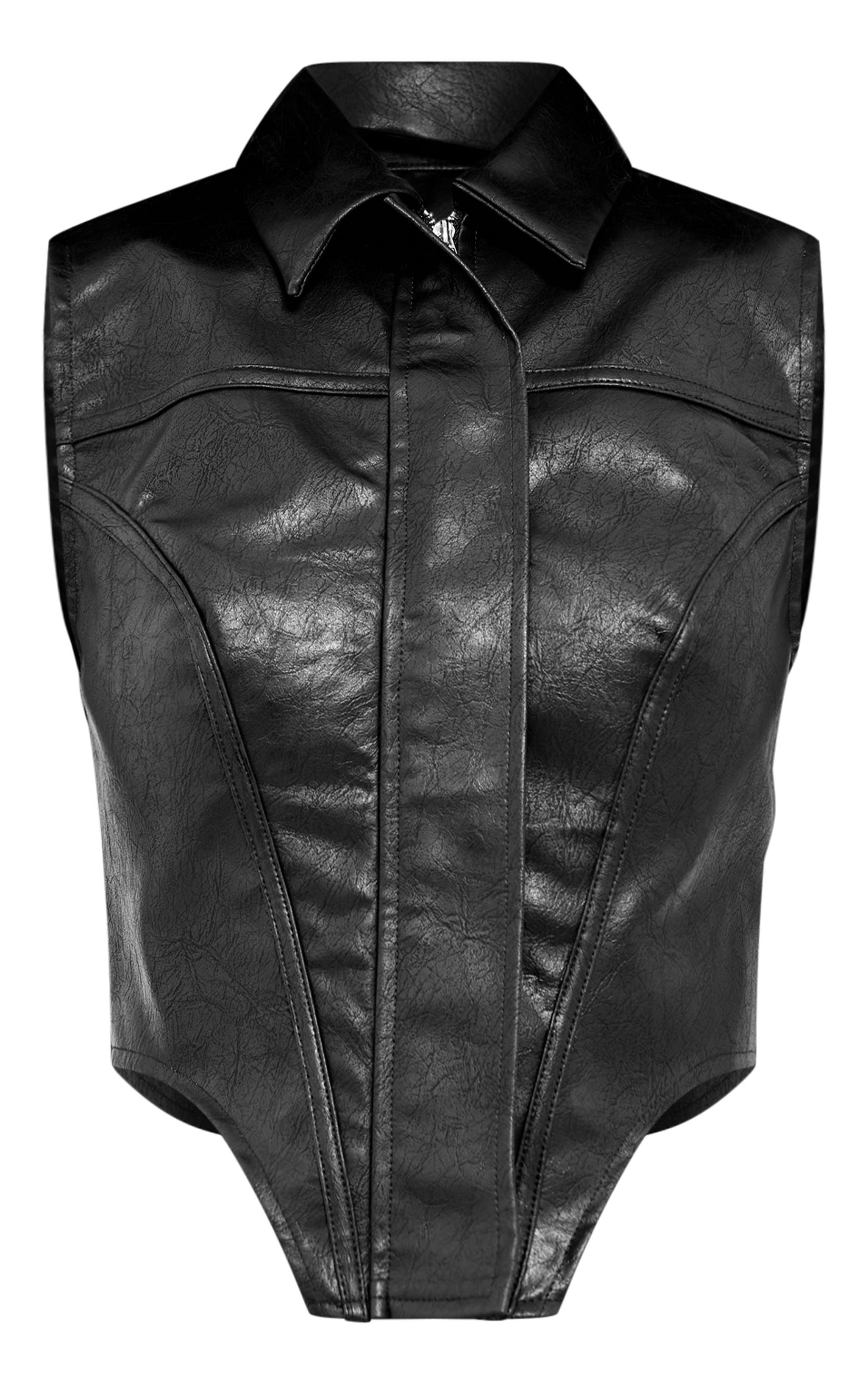 Black Faux Leather Zip Up Dip Hem Long Top Product Image