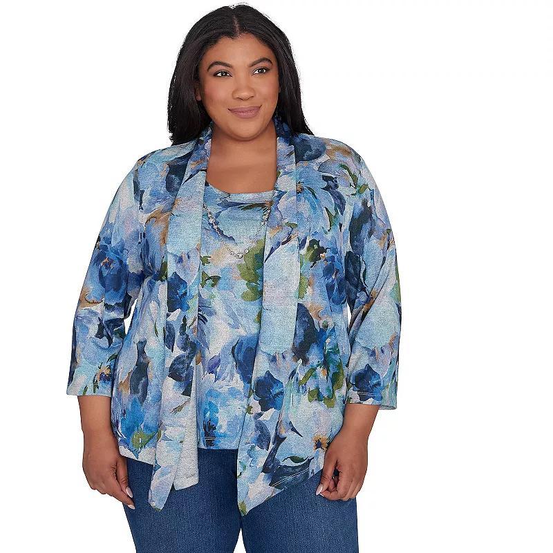 Plus Size Alfred Dunner Watercolor Floral Melange Two in One Top, Womens Blue Product Image