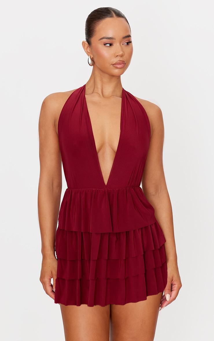 Burgundy Slinky Halterneck Plunge Rara Skort Romper product image