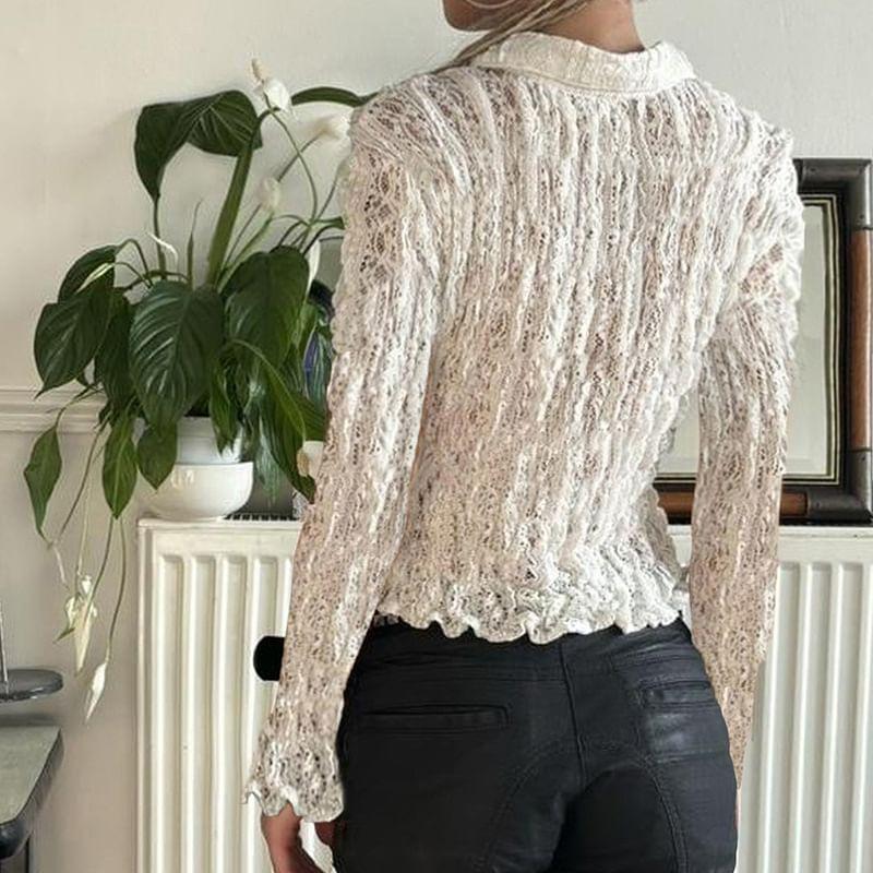 Long-Sleeve Lace Crop Shirt Product Image