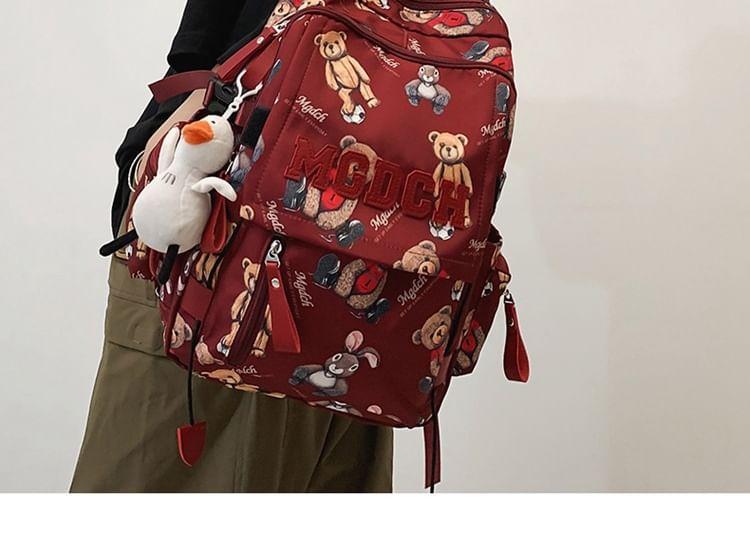 Bear Print Lettering Applique Nylon Laptop Backpack / Tote Bag / Bag Charm / Set Product Image