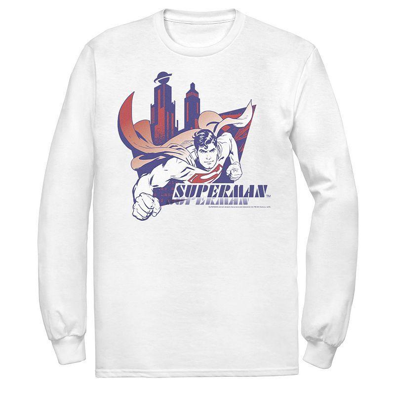 Mens DC Comics Superman Daily Planet Skyline Flying Poster Long Sleeve Graphic Tee Product Image