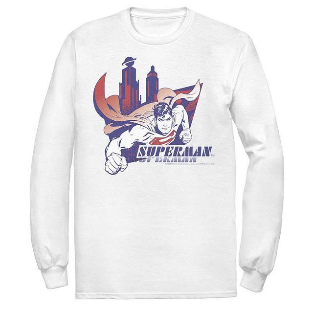 Mens DC Comics Superman Daily Planet Skyline Flying Poster Long Sleeve Graphic Tee Product Image