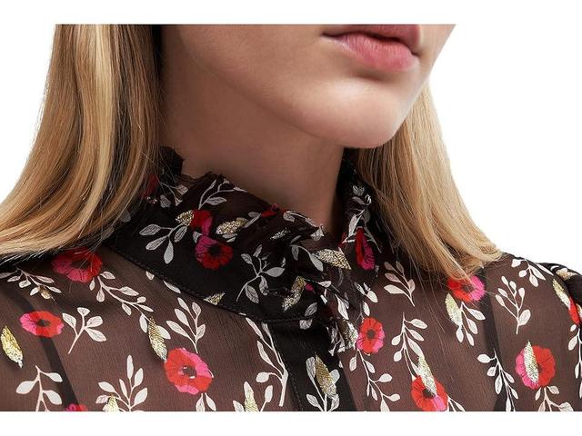 7 For All Mankind Long Sleeve Ruffle Neck Button-Up (Bougainvillea Floral) Women's Clothing Product Image