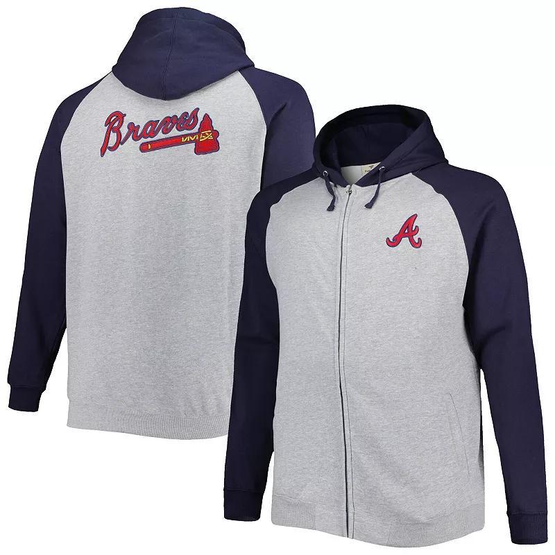 Mens Heather Gray/Navy Atlanta Braves Big & Tall Raglan Hoodie Full-Zip Sweatshirt Product Image