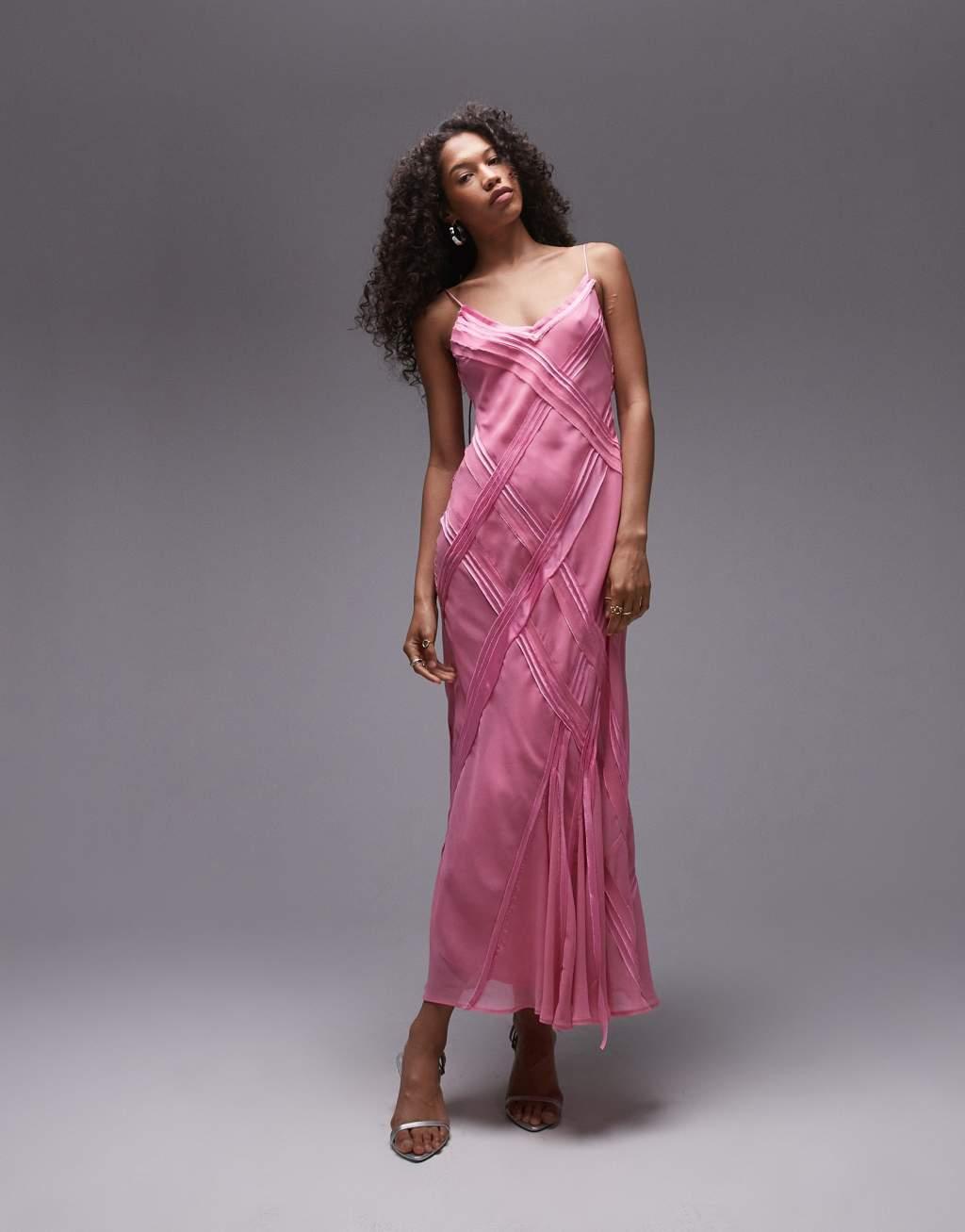 Topshop premium raw seam detail midi slip dress in sweet pink Product Image