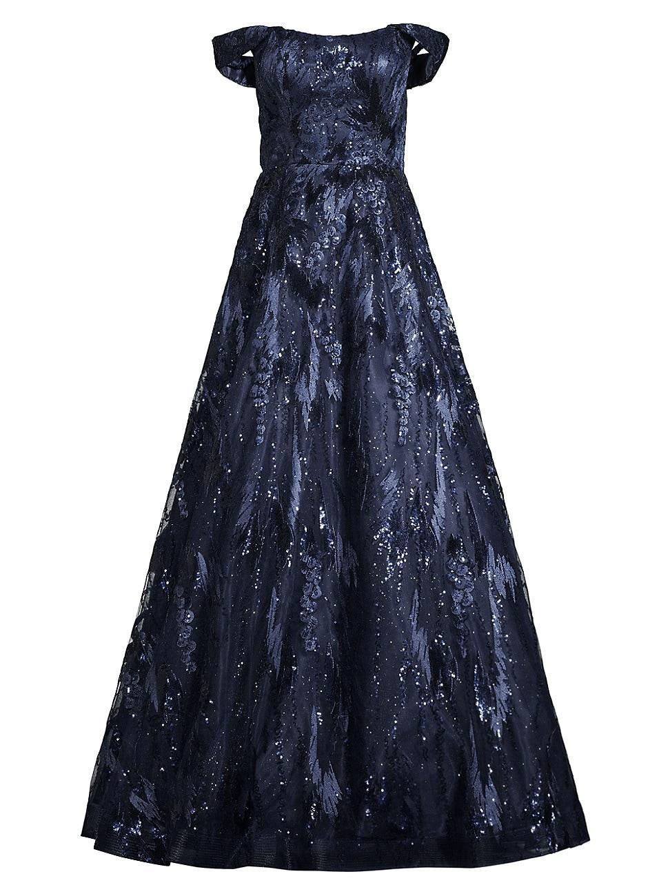 Womens Sequin Embroidered Off-The-Shoulder Gown Product Image