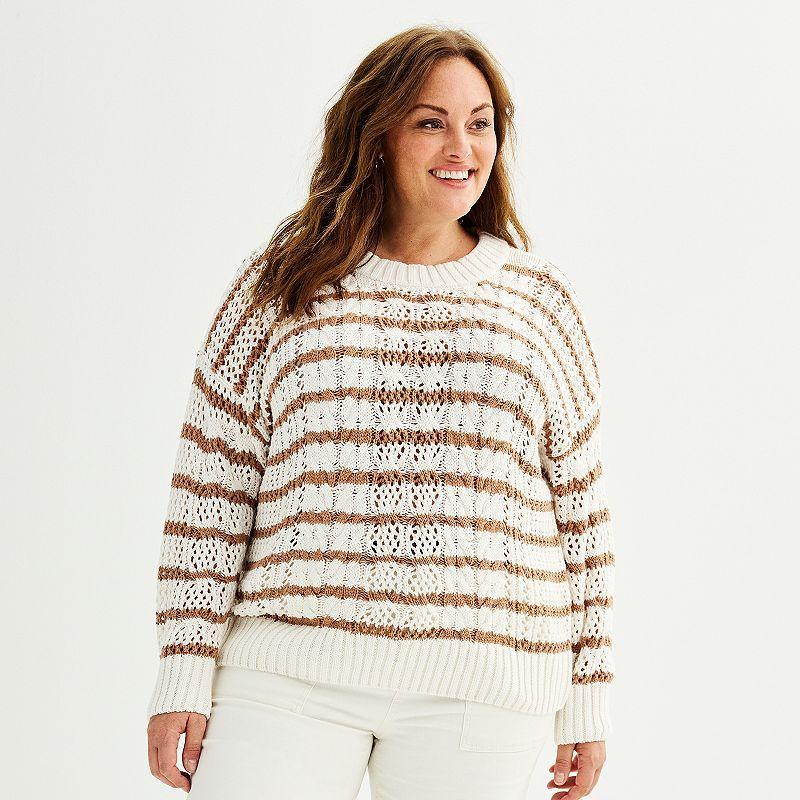 Plus Size Sonoma Goods For Life Boatneck Crochet Sweater, Womens Gray And Ivory Stripe Product Image