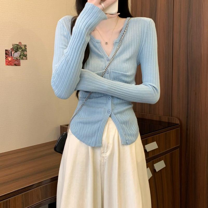 Long-Sleeve Notch Neck Plain Ribbed Button Knit Top Product Image