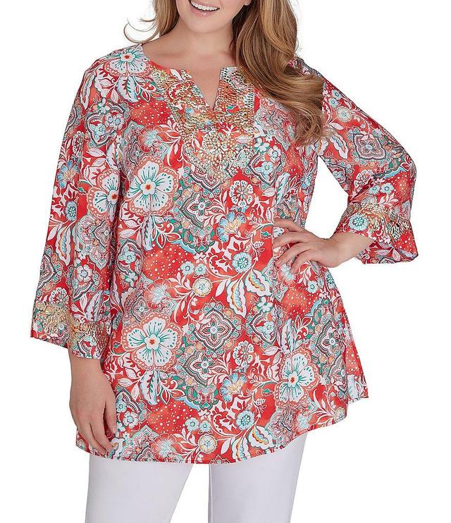 Ruby Rd. Plus Size Silky Woven Medallion Floral Embellished Split V-Neck 3/4 Sleeve Side Slit Hem Voile Top Product Image