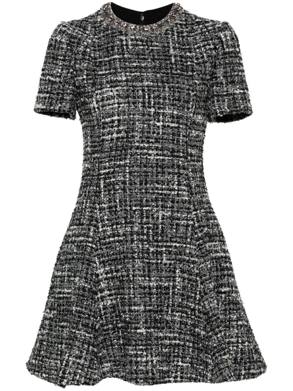 Tweed Crystal Collar Fit-flare Wool Mini Dress In Nero/grigio/argento Product Image